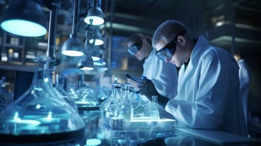 scientists with goggles looks into beakers for drug discovery