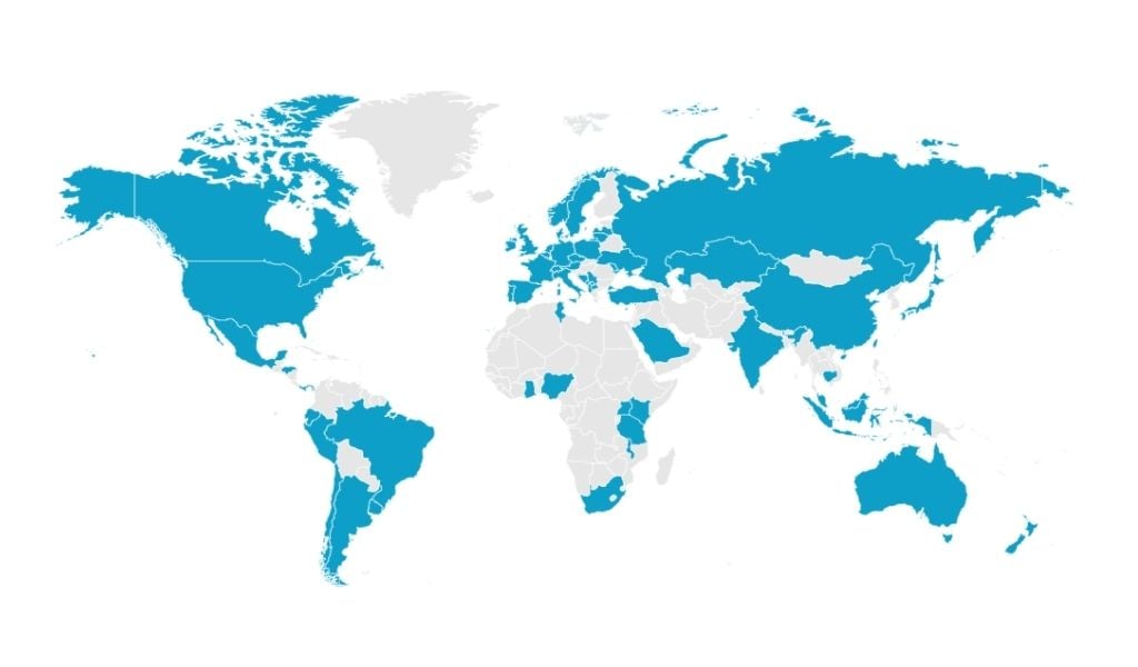 A world map with highlighted countries