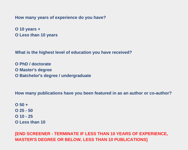 Example of a screener with multiple questions that don't have termination criteria
